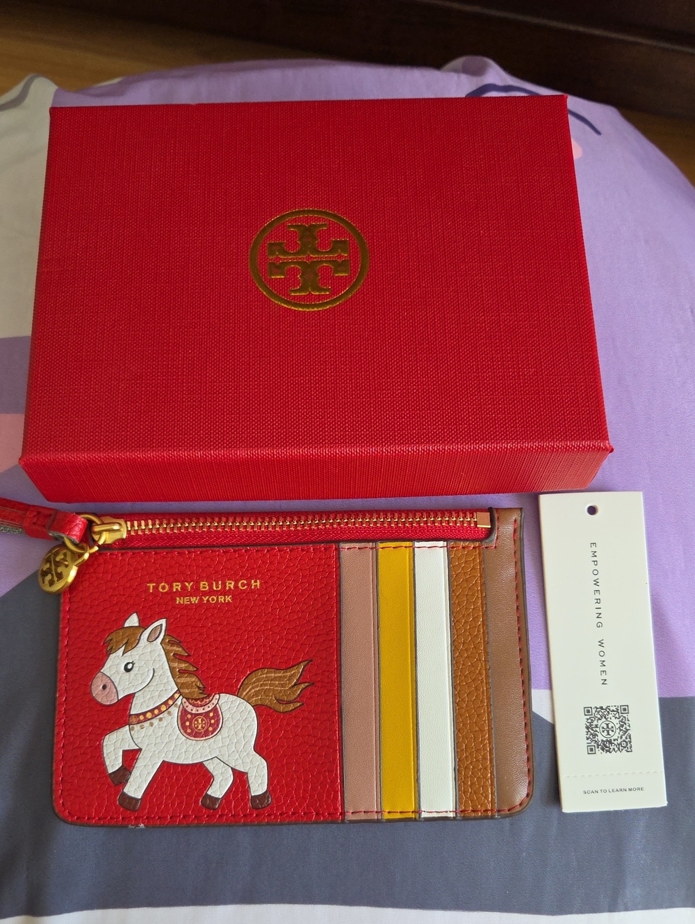 Tory Burch Red Horse Zip Card Case with Multi-Striped Slots